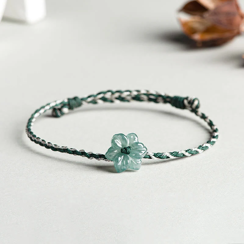 Green Jade Orchid Prosperity Bracelet with Braided String