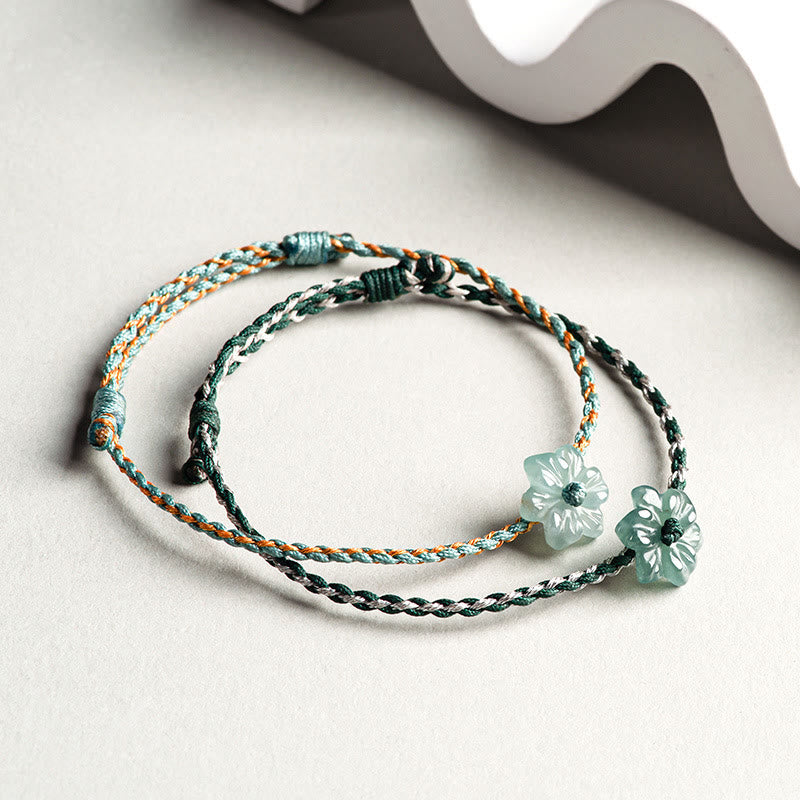 Green Jade Orchid Prosperity Bracelet with Braided String - Image 2