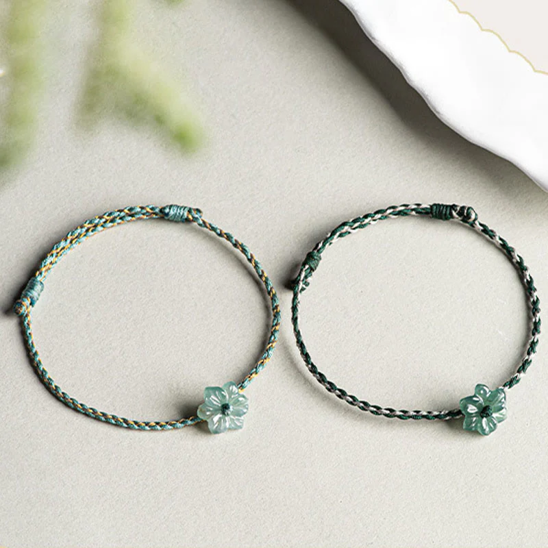 Green Jade Orchid Prosperity Bracelet with Braided String - Image 3