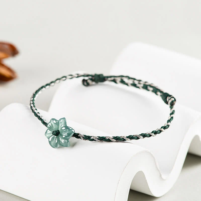Green Jade Orchid Prosperity Bracelet with Braided String - Image 4