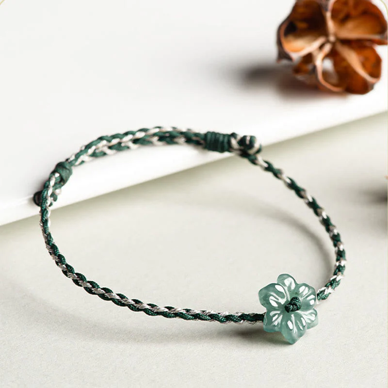 Green Jade Orchid Prosperity Bracelet with Braided String - Image 5