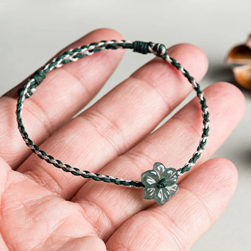 Green Jade Orchid Prosperity Bracelet with Braided String - Image 7