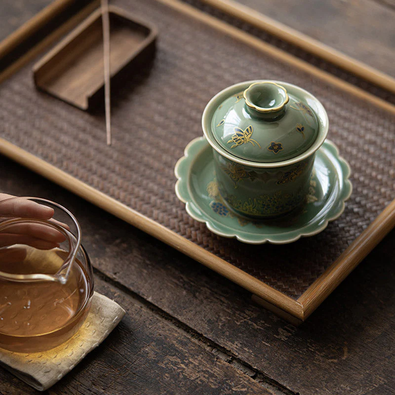 Green Porcelain Gaiwan Tea Set | Butterfly Flower & Salmon Design - Image 10