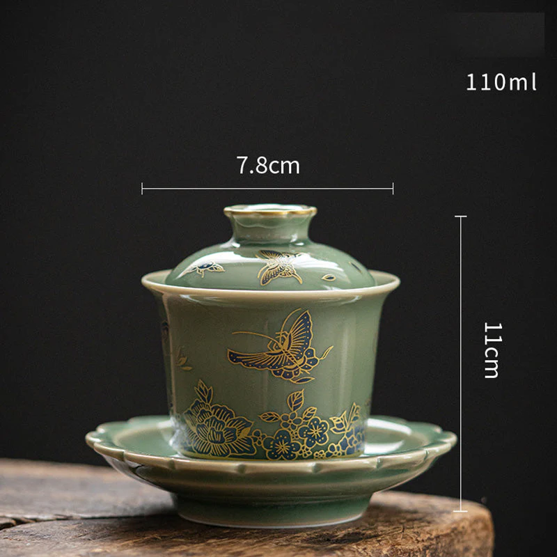 Green Porcelain Gaiwan Tea Set | Butterfly Flower & Salmon Design - Image 2