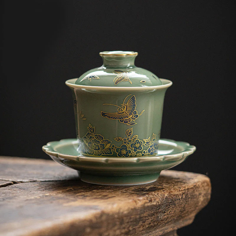 Green Porcelain Gaiwan Tea Set | Butterfly Flower & Salmon Design - Image 3