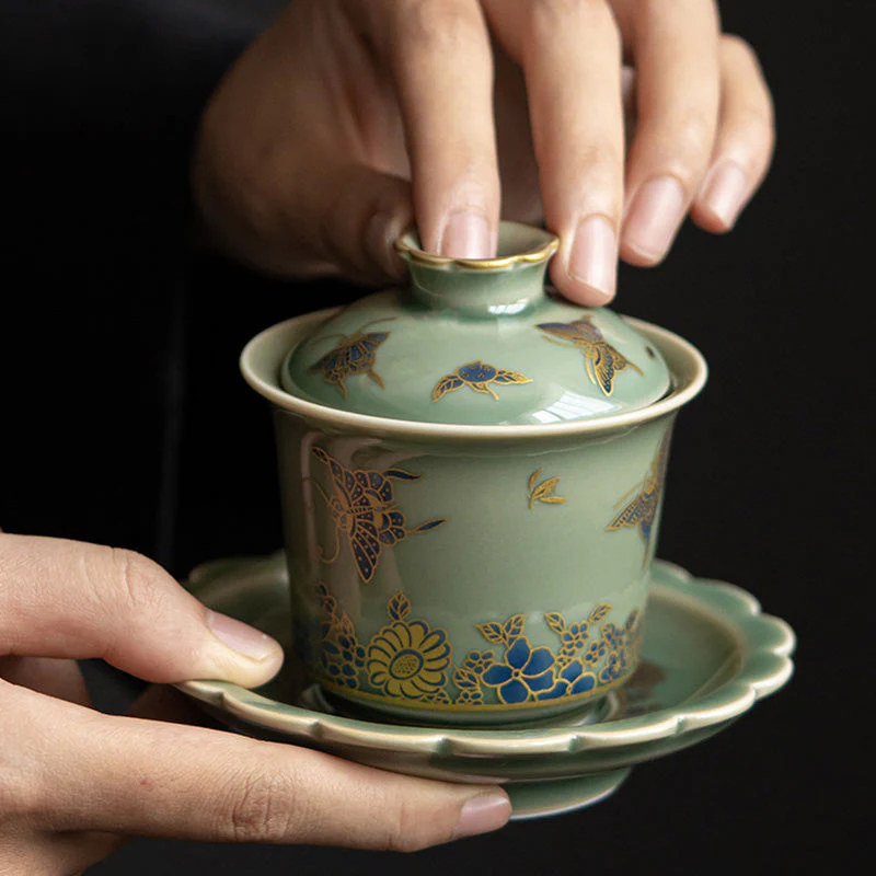 Green Porcelain Gaiwan Tea Set | Butterfly Flower & Salmon Design - Image 4