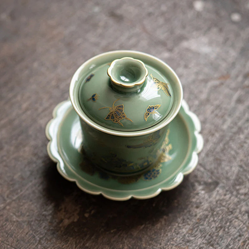 Green Porcelain Gaiwan Tea Set | Butterfly Flower & Salmon Design - Image 5