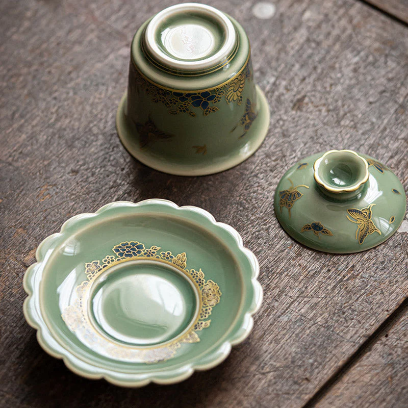 Green Porcelain Gaiwan Tea Set | Butterfly Flower & Salmon Design - Image 6
