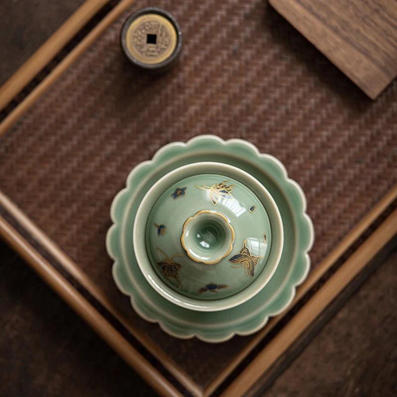 Green Porcelain Gaiwan Tea Set | Butterfly Flower & Salmon Design - Image 7