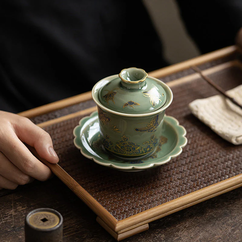 Green Porcelain Gaiwan Tea Set | Butterfly Flower & Salmon Design - Image 8