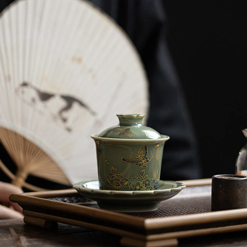 Green Porcelain Gaiwan Tea Set | Butterfly Flower & Salmon Design - Image 9