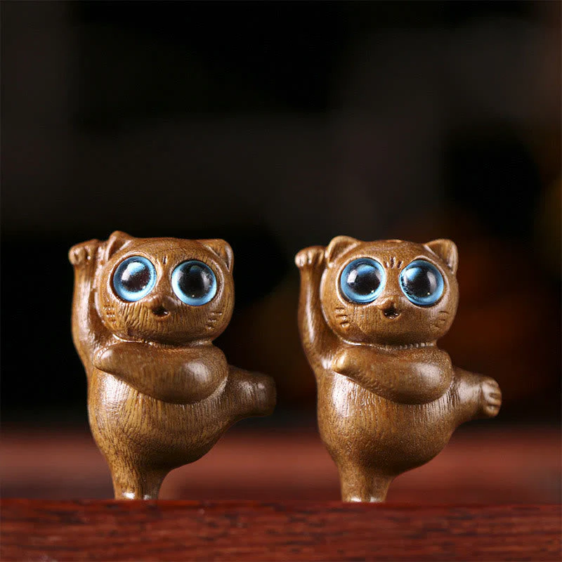 Green Sandalwood Dancing Cat Figurine 3.7cm Positive Energy - Image 3