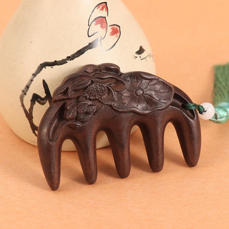 Green Sandalwood Tassel Comb with Lotus & Koi Fish Symbols - Image 11