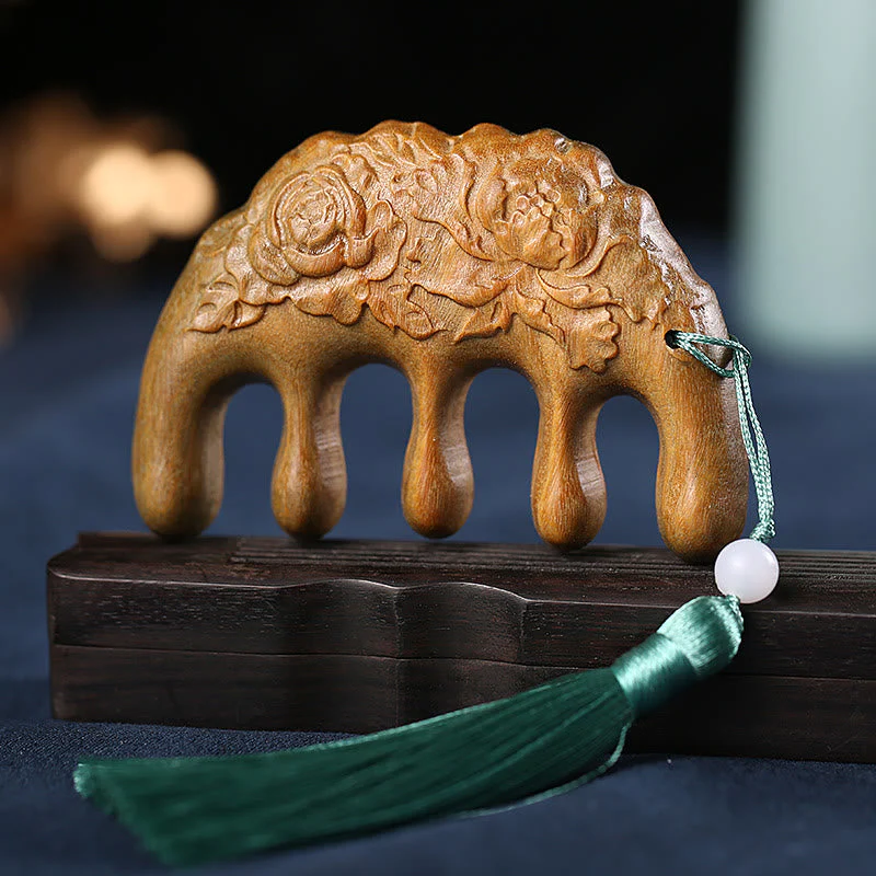 Green Sandalwood Tassel Comb with Lotus & Koi Fish Symbols - Image 18