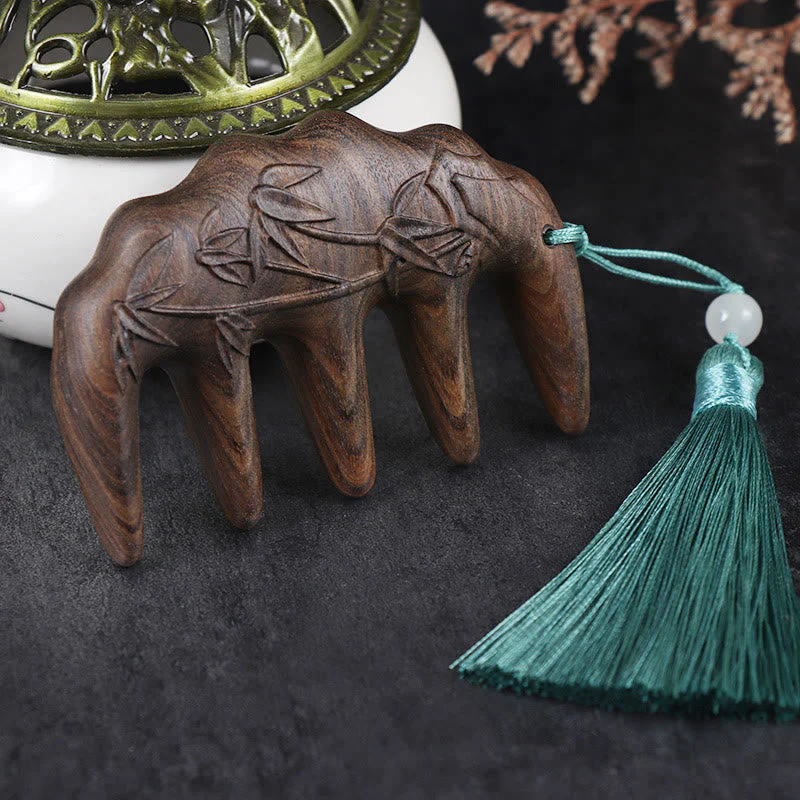 Green Sandalwood Tassel Comb with Lotus & Koi Fish Symbols - Image 4