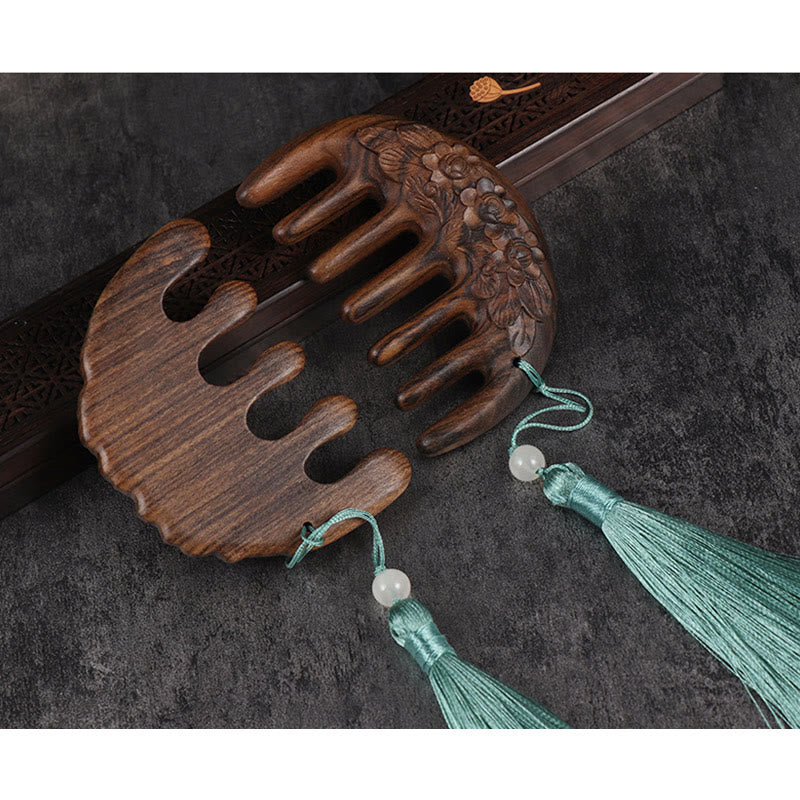 Green Sandalwood Tassel Comb with Lotus & Koi Fish Symbols - Image 8