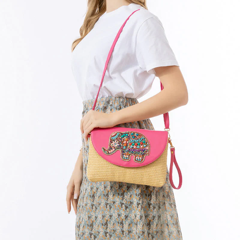 Hamsa Straw Crossbody Bag with Elephant & Flower Designs - Image 10