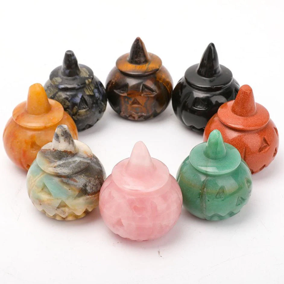 Hand Carved Gemstone Pumpkin Figurine 2" for Halloween Decor