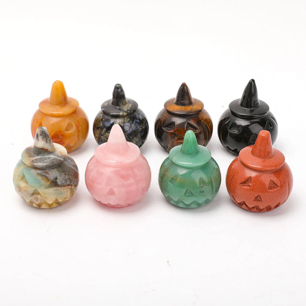 Hand Carved Gemstone Pumpkin Figurine 2" for Halloween Decor - Image 2