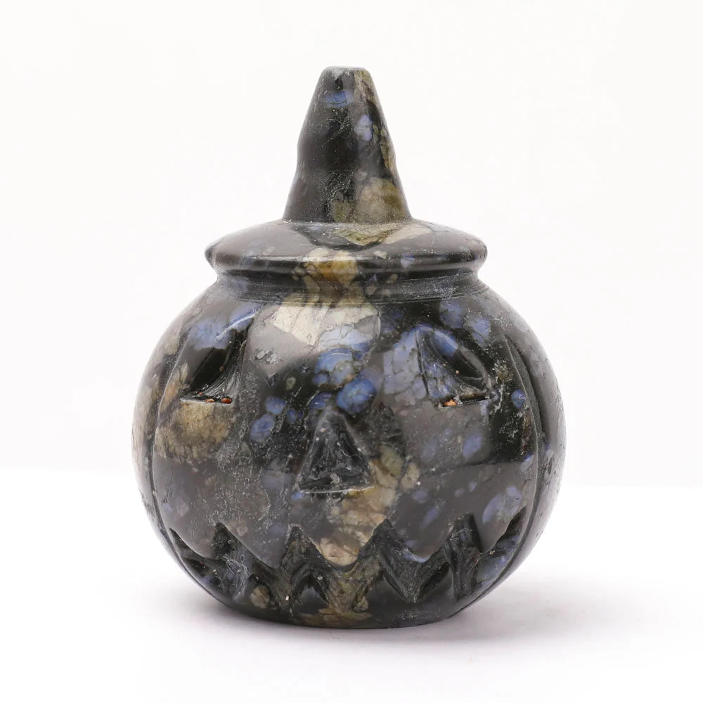 Hand Carved Gemstone Pumpkin Figurine 2" for Halloween Decor - Image 4