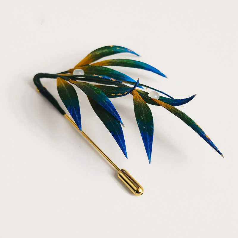 Handmade Mulberry Silk Leaf Brooch in Green Yellow Blue
