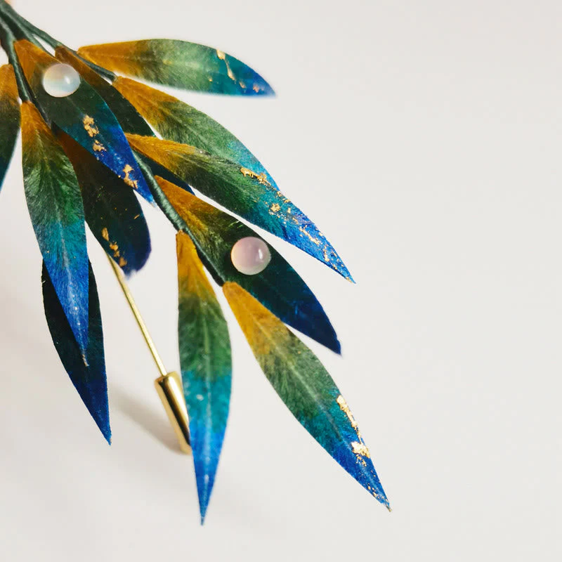 Handmade Mulberry Silk Leaf Brooch in Green Yellow Blue - Image 5