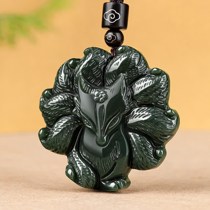 Hetian Cyan Jade Nine Tailed Fox Luck Pendant Necklace - Image 8
