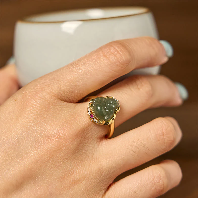 8mm Hetian Jade Laughing Buddha Ring for Luck and Prosperity - Image 4