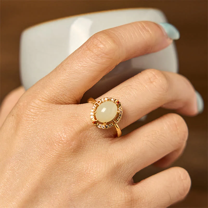 8x10mm Hetian Jade Luck Ring with Zirconia in Copper - Image 4