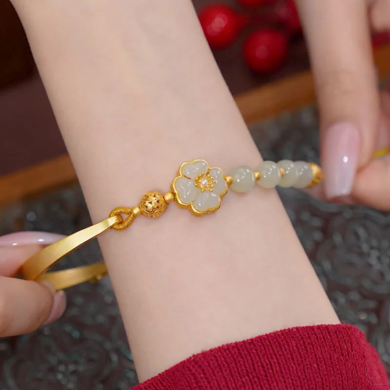 Hetian Jade 925 Sterling Silver Lucky Flower Cuff Bracelet - Image 3