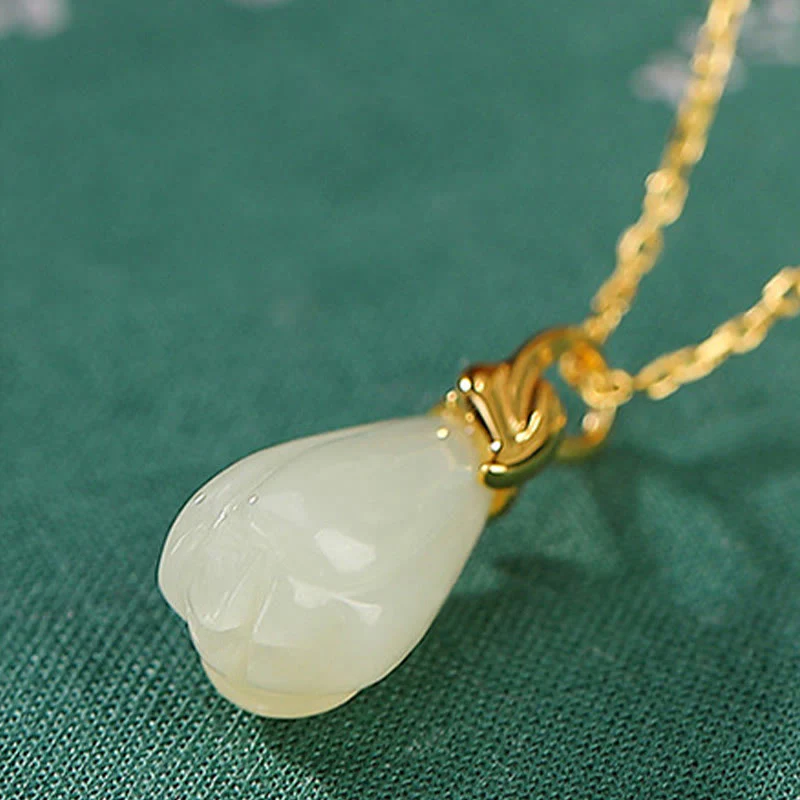 Hetian Jade Necklace with Magnolia Flower | Abundance Symbol - Image 3