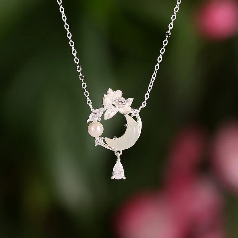 Hetian Jade 925 Silver Lotus Pendant Necklace for Protection
