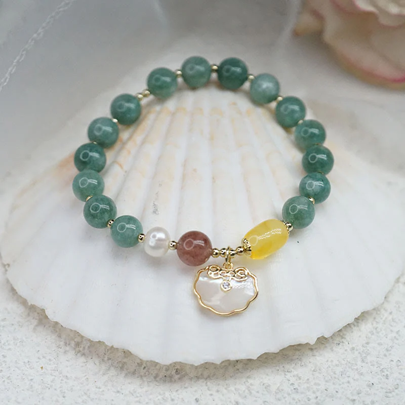 8mm Jade Sea Shell Luck Bracelet with Ruyi Lock Charm - Image 2