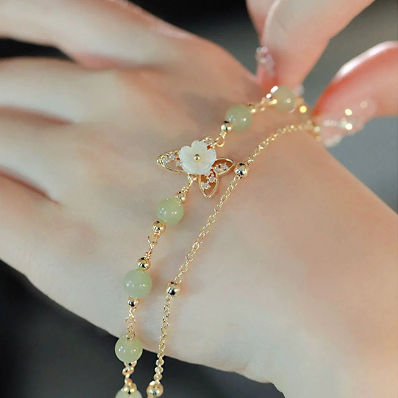 Double Layer 14K Gold Plated Jade Butterfly Luck Bracelet - Image 2