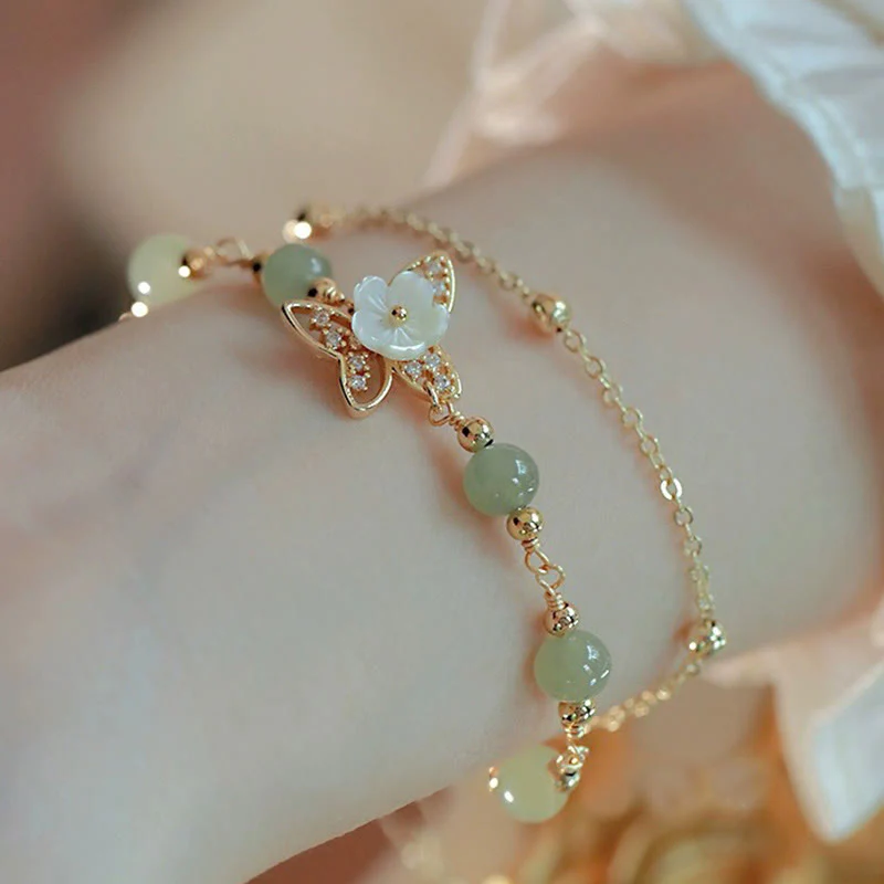 Double Layer 14K Gold Plated Jade Butterfly Luck Bracelet - Image 4