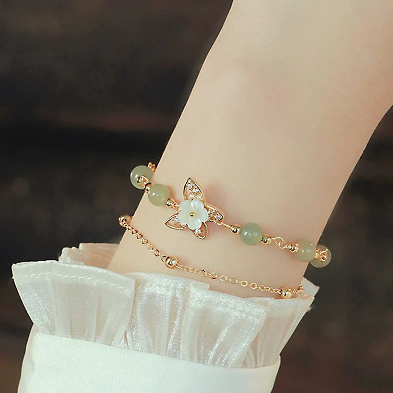 Double Layer 14K Gold Plated Jade Butterfly Luck Bracelet - Image 5