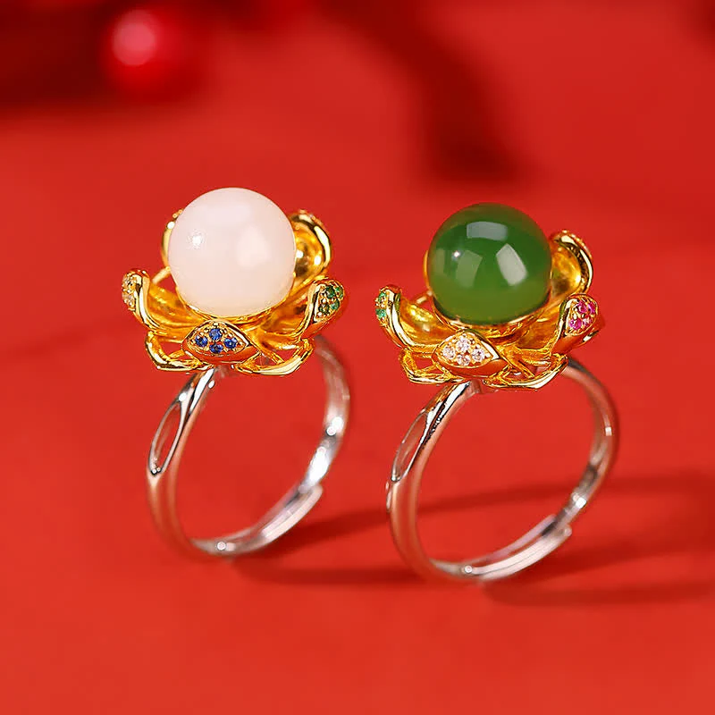 10mm White & Cyan Jade Lotus Flower Success Ring