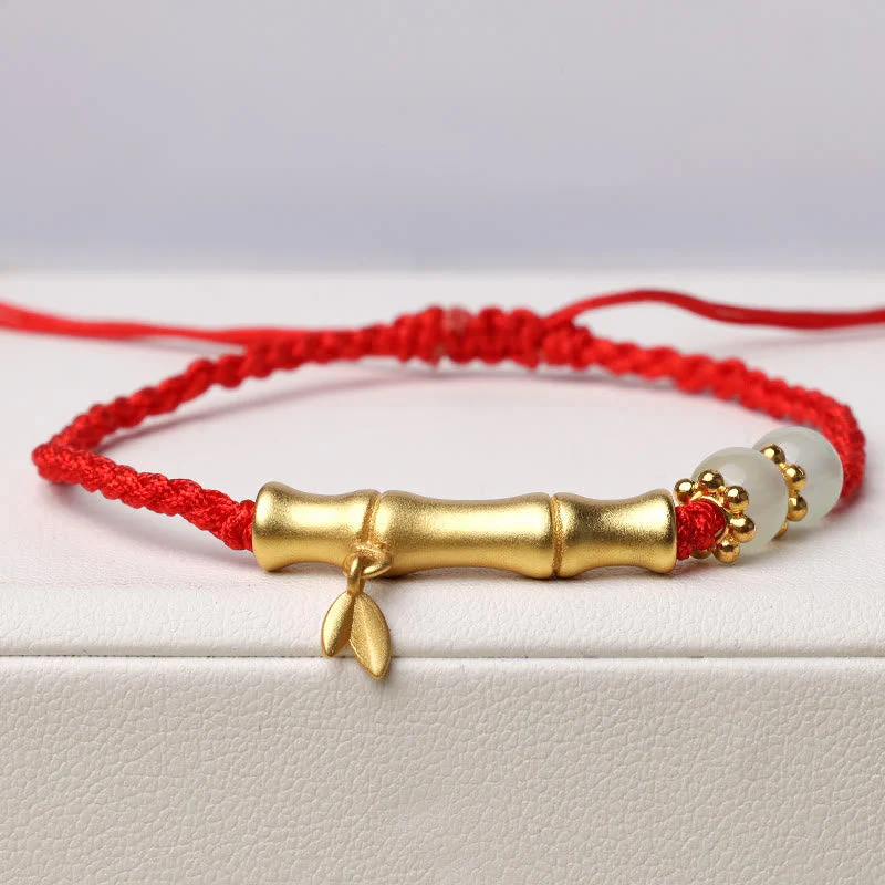 Jade Luck Strength Bracelet with Bamboo Design and Red String - Image 2