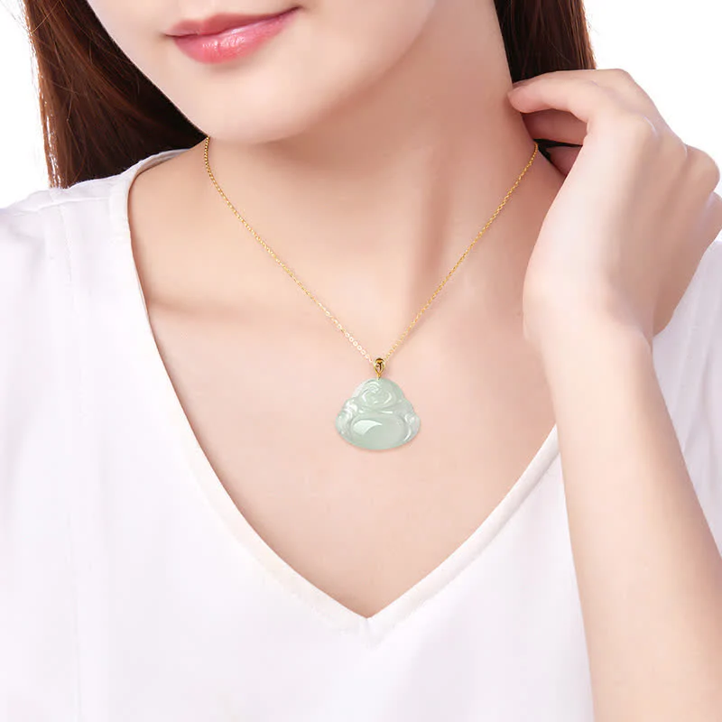 Laughing Buddha Jade Necklace Pendant 18K Gold for Abundance - Image 3