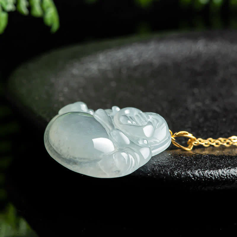 Laughing Buddha Jade Necklace Pendant 18K Gold for Abundance - Image 4