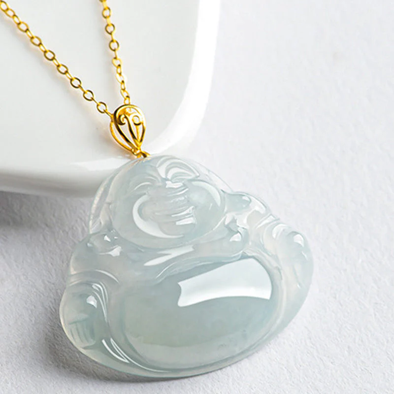 Laughing Buddha Jade Necklace Pendant 18K Gold for Abundance - Image 5