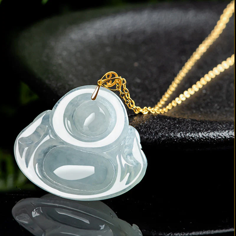 Laughing Buddha Jade Necklace Pendant 18K Gold for Abundance - Image 7