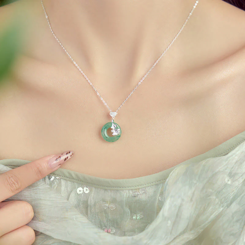 Jade Ginkgo Peace Buckle Sterling Silver Necklace - Image 2