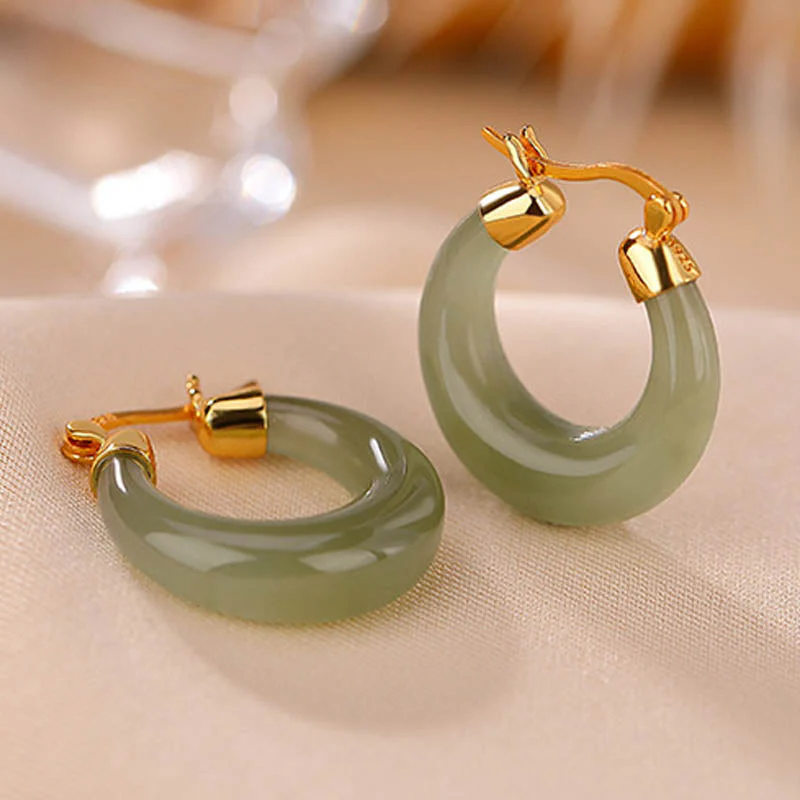 Round Jade Cyan Jade Prosperity Luck Drop Earrings - Image 11