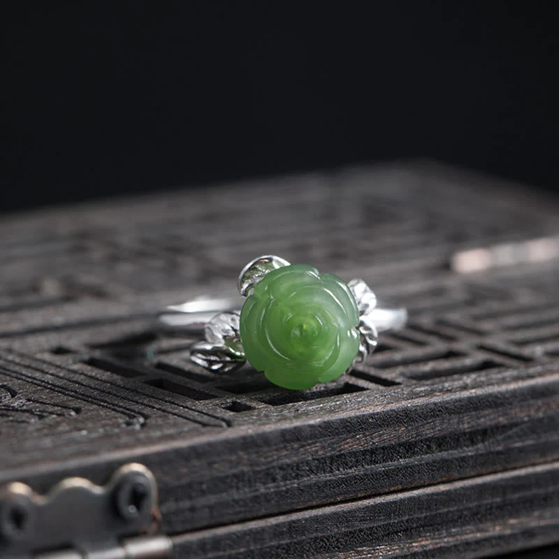 Adjustable Green Jade Rose Ring in 925 Sterling Silver for Luck - Image 2