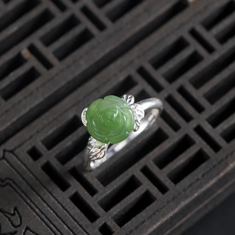 Adjustable Green Jade Rose Ring in 925 Sterling Silver for Luck - Image 6
