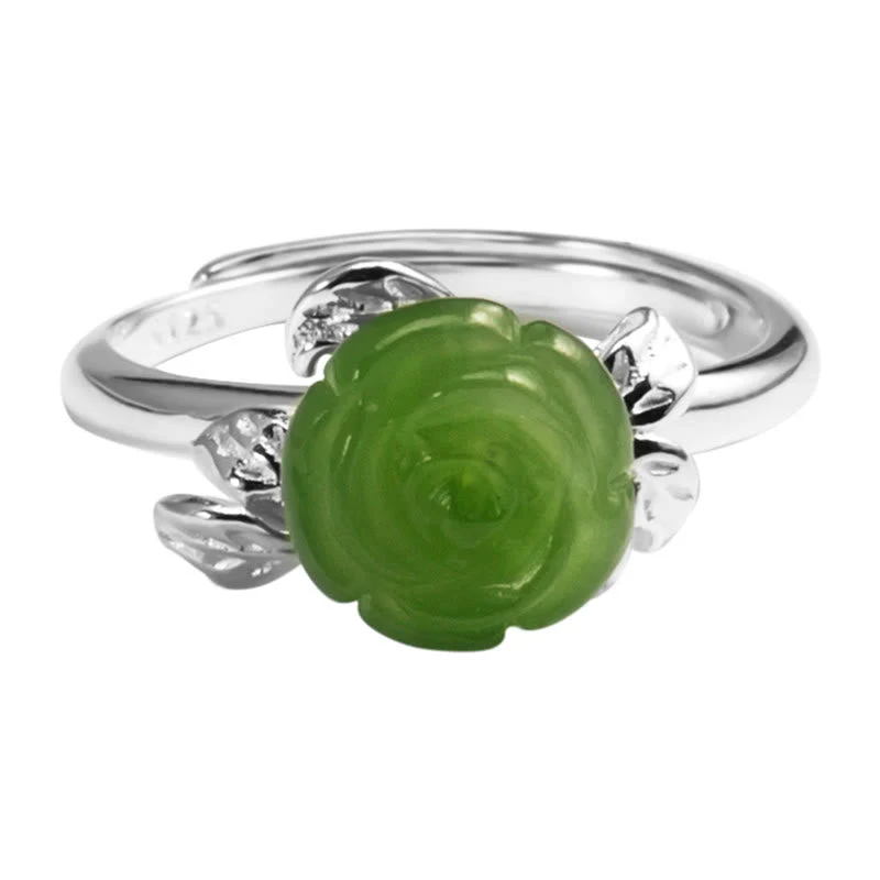 Adjustable Green Jade Rose Ring in 925 Sterling Silver for Luck - Image 8