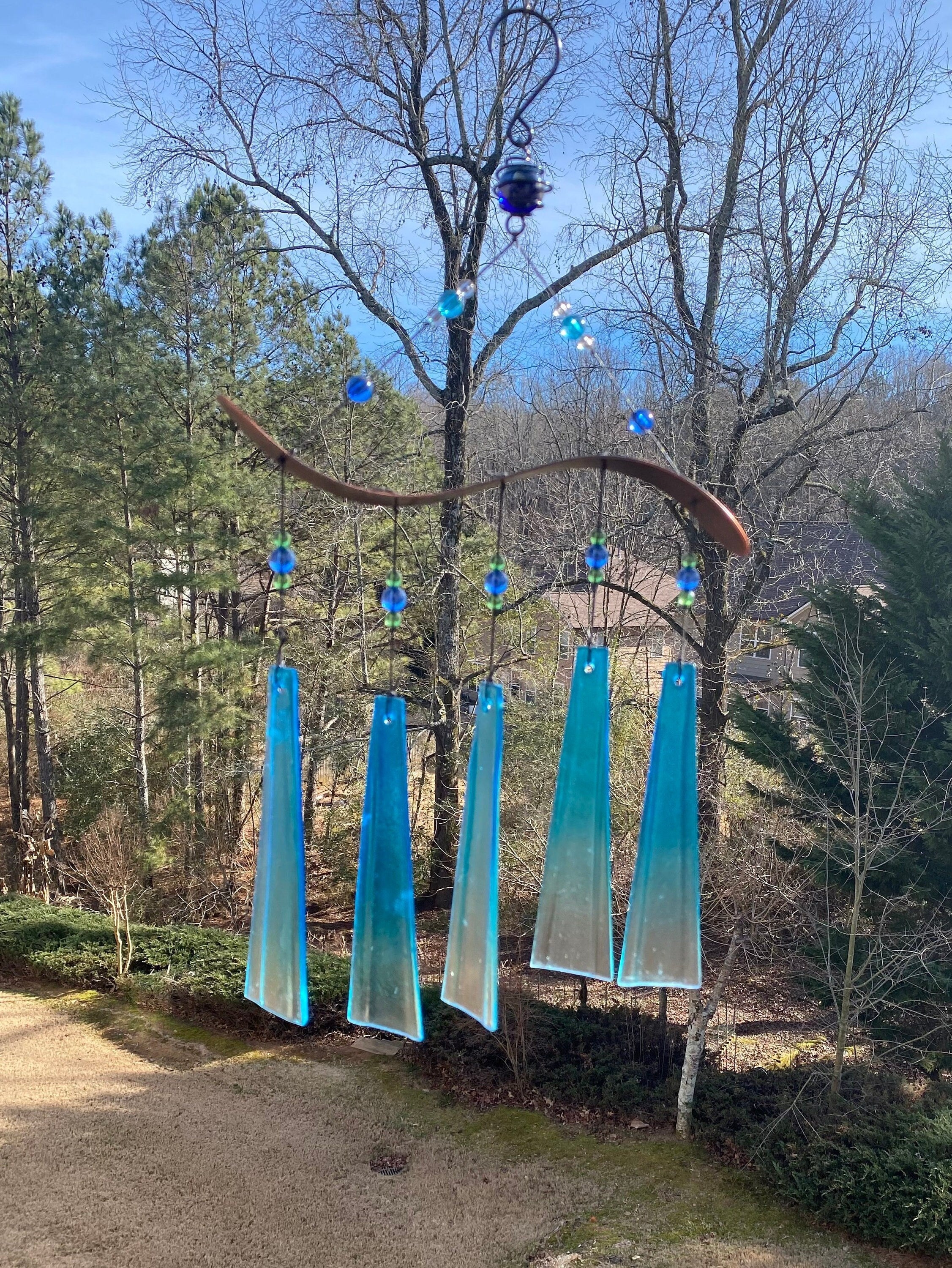 19" Handmade Glass Wind Chimes, Blue Garden Art - Image 3