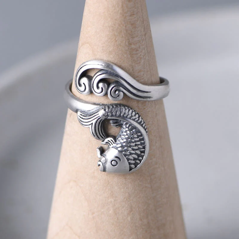 Adjustable 925 Sterling Silver Koi Fish Luck Prosperity Ring - Image 10