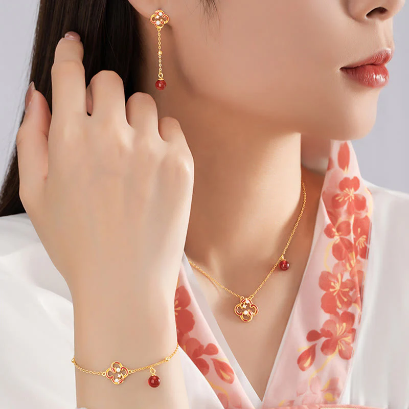 925 Sterling Silver Koi Fish Jewelry Set with Red Agate Pearl - Image 2